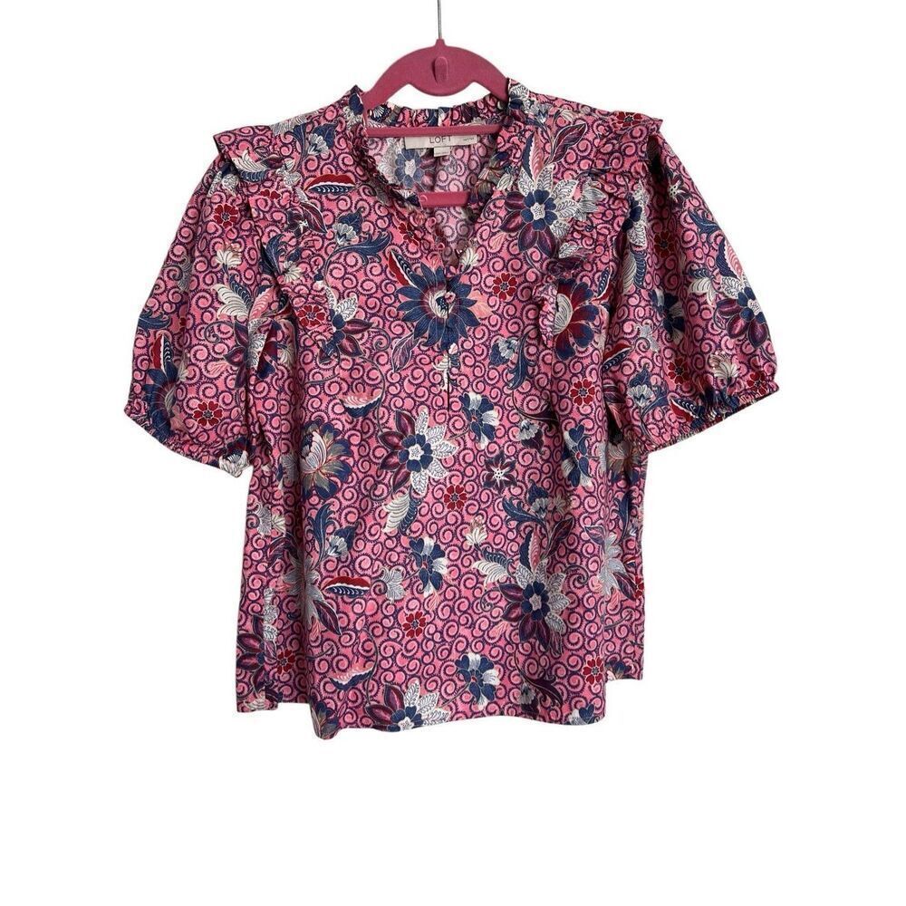 Loft Top Womens XS Petite Pink Purple Floral Frilly Shoulder Ruffle Short Sleeve